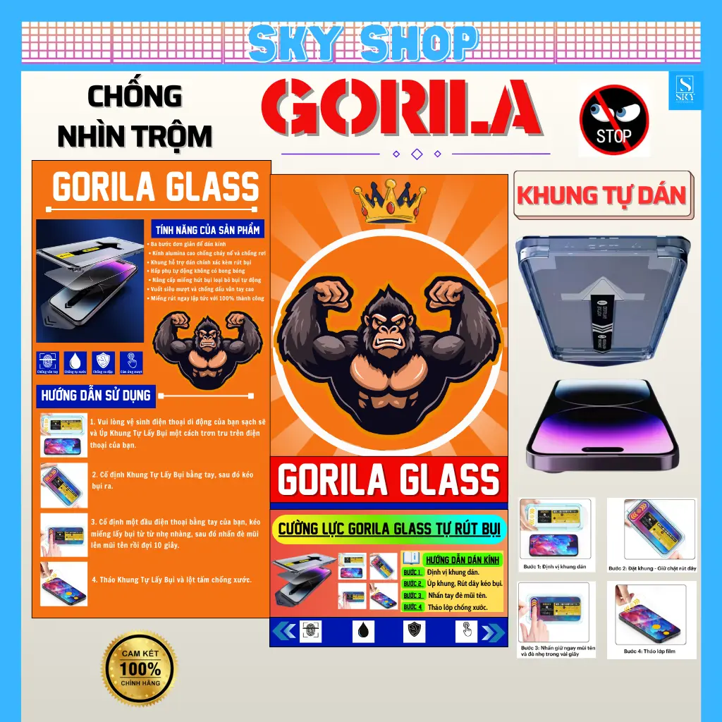 [COMBO 3 KÍNH] Kính Cường Lực iphone GORILA GLASS Chống Nhìn Trộm Dán Tự Hút Bụi iphone 17 ProMax 16 ProMax 17 Air 15 Plus 14 13 12 11 X Xs Xr