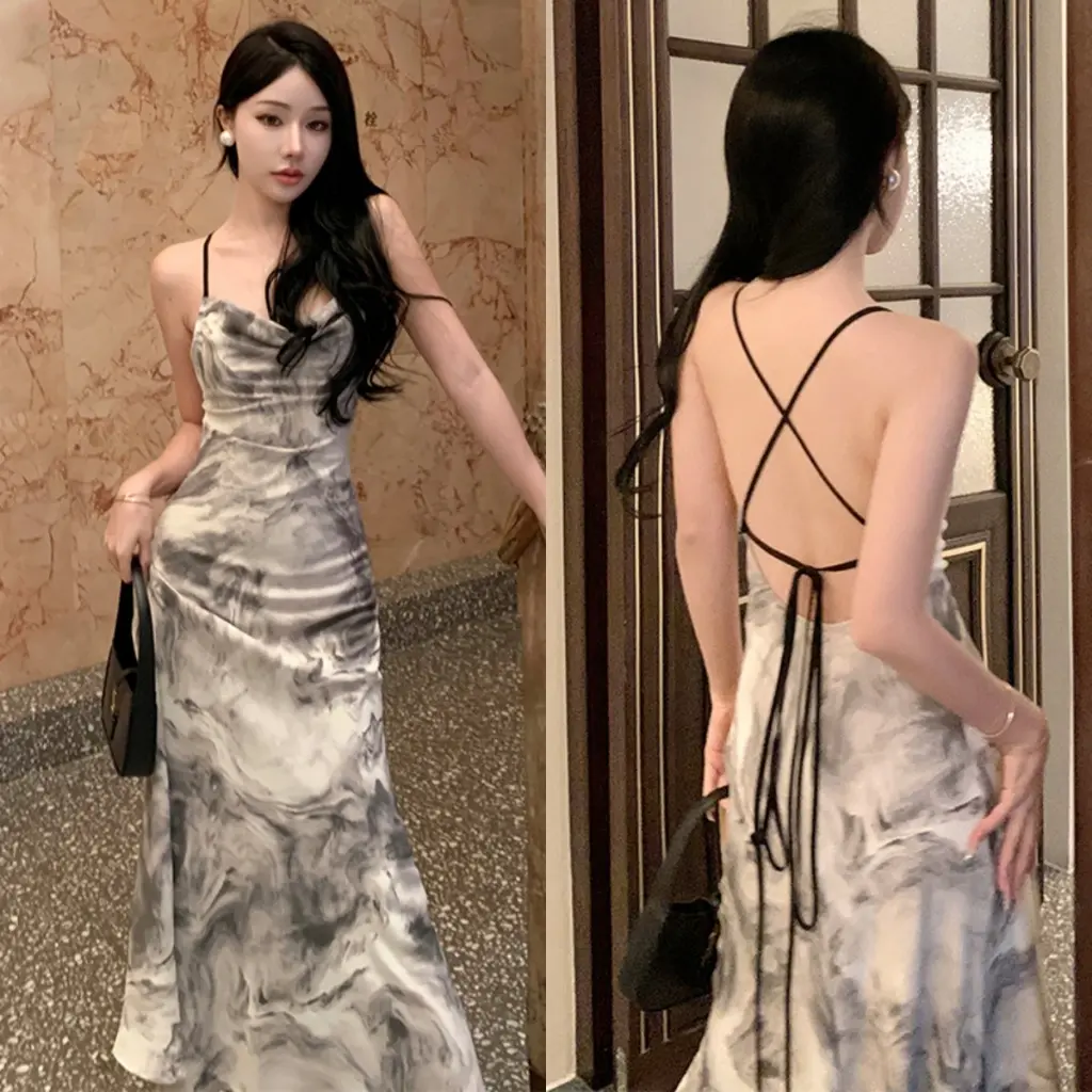 (7846) dress abu abu wanita kondangan long dress backless wanita Elegant korean beach Dress ke pantai dress import premium