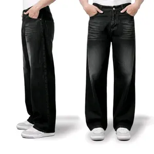 Celana Jeans Pria high waist - Wide Leg  Denim Hitam Wisker - baggy korean style Cowok Panjang - gombrong skena