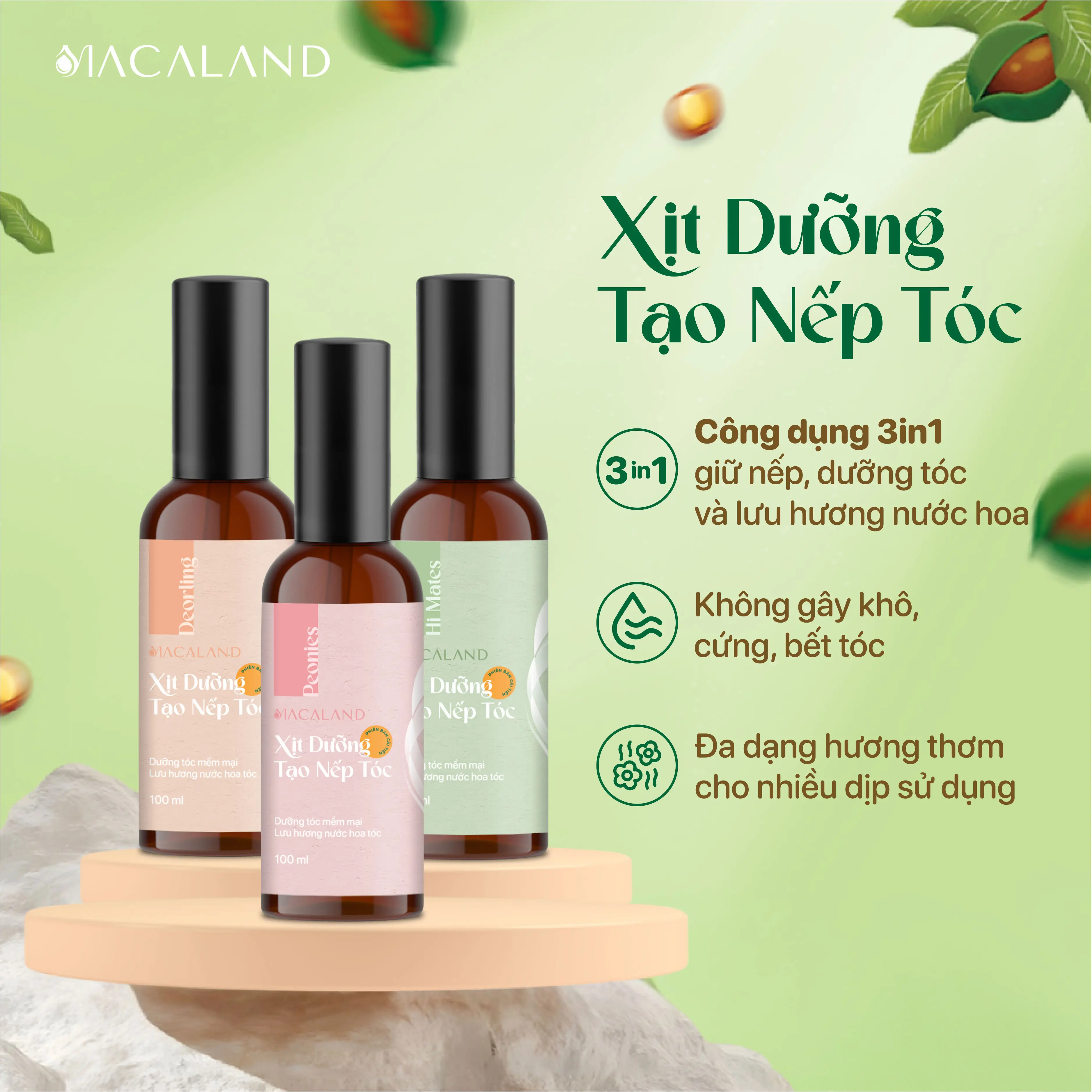 XỊT GIỮ NẾP TẠO KIỂU DƯỠNG TÓC 3IN1 100ML MACALAND LƯU HƯƠNG NƯỚC HOA, KHÔNG KHÔ CỨNG TÓC