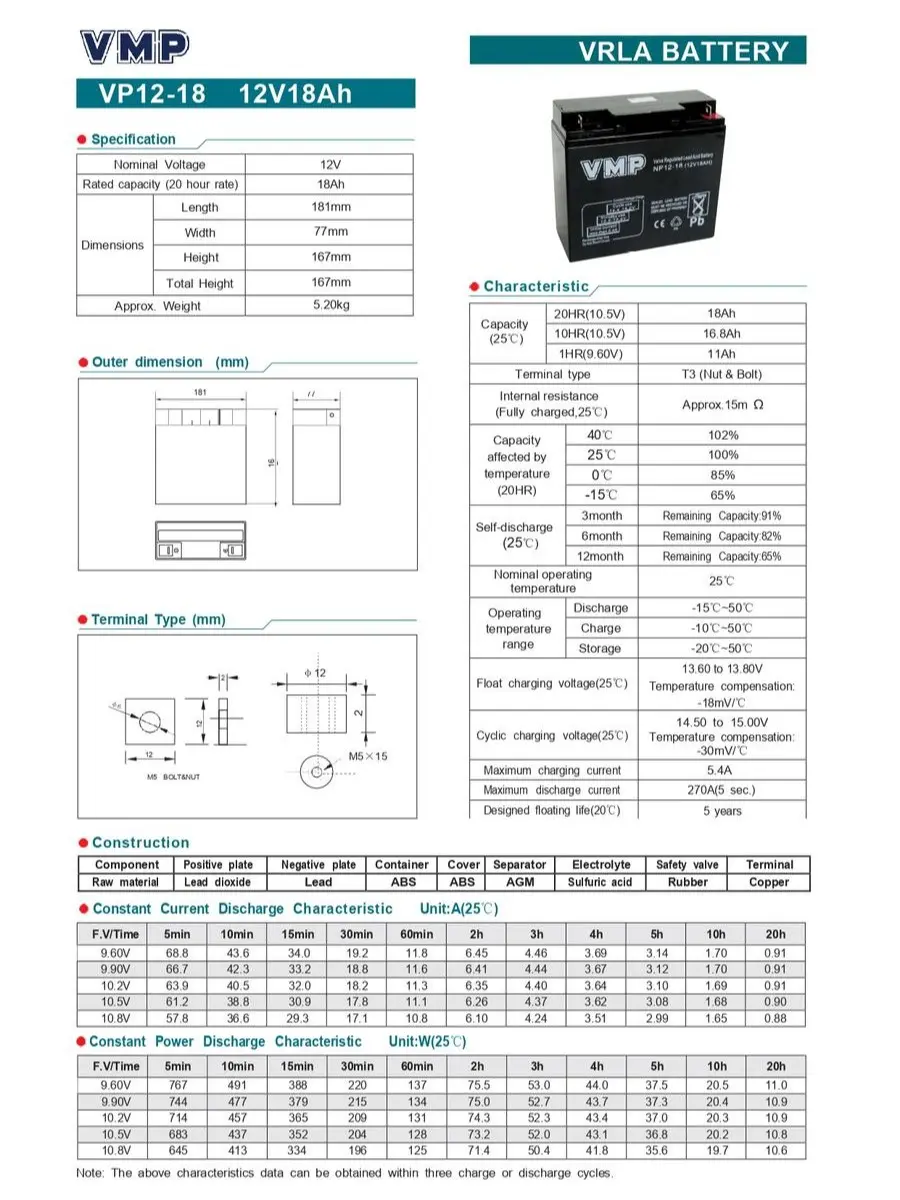 Baterai UPS VMP 12V 18AH VRLA VMP NP12-18 Garansi 1 Tahun