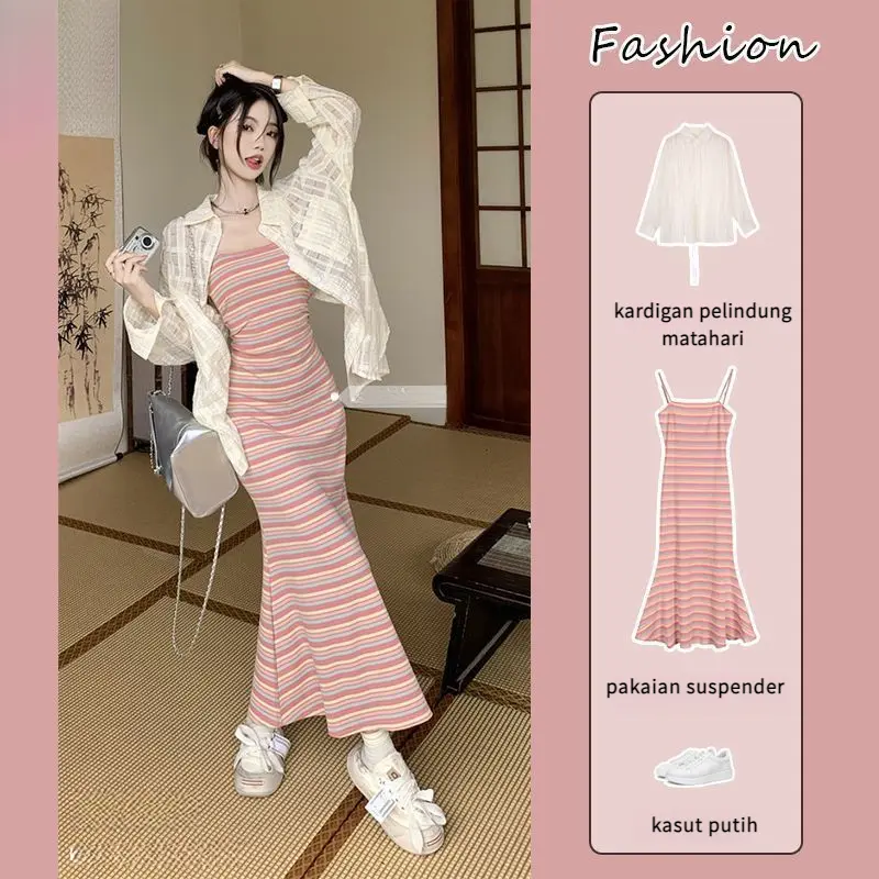 Women's Clothing 2024 Summer New Pure Desire Style Striped Knit Halter Dress Slim Hip Skirt Hot Girl Korean Style Sweet birthday  dress infinity  dress pink  dress maxi  dresses prom  dress gaun  merah
