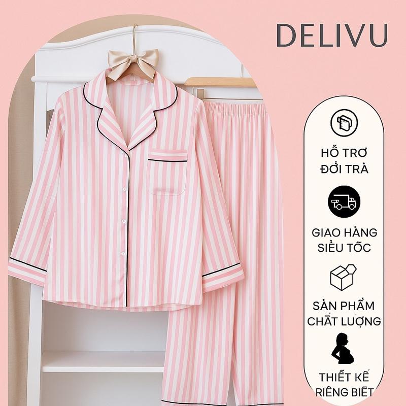  DELIVU Bộ Pyjama Tiểu Thư Sọc Hồng Vải Lụa Latin Cao Cấp Có Chun Cho Bầu Đồ Ngủ Set Mặc Nhà Mùa Thu Phù Hợp Nhiều Dịp 