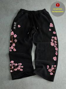 Pantalones deportivos casuales para hombre de corte holgado, estampado de flor de cerezo, cordón ajustable, pierna ancha, largos, moda streetwear cómoda para todas las estaciones