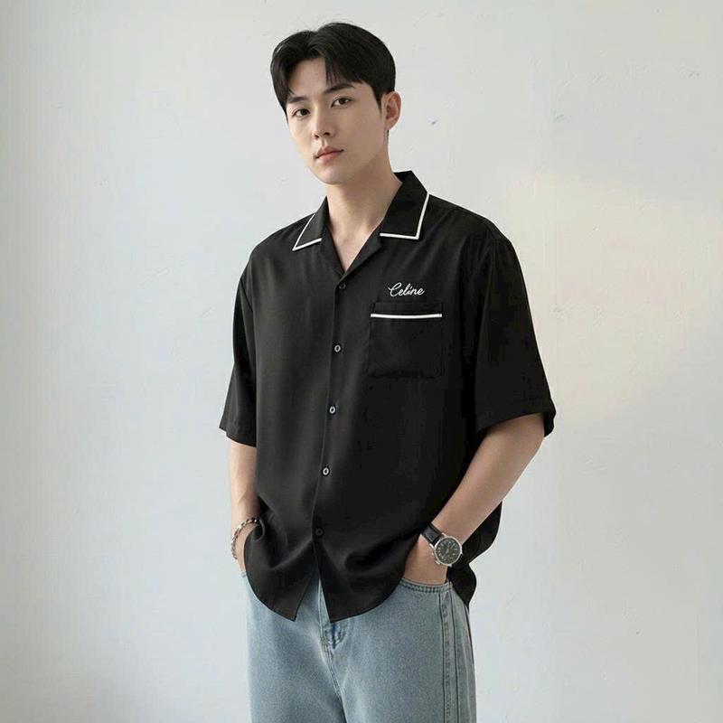 CÓ BIGSIZE JAMINE HOUSE Áo Sơ Mi Nam Nữ Cổ Vest Form Rộng Tay Ngắn Thêu Cá Tính Trẻ Trung Đen Unisex Menswear