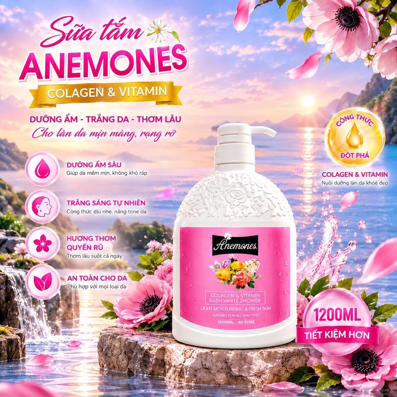 [ CHAI - 1200ML ] Sữa Tắm Anemones Shower Cream 1200ml ( 1.2Kg ) Dưỡng Ẩm, Trắng Da, Thơm Lâu Cho Làn Da Mịn Màng Rạng Rỡ