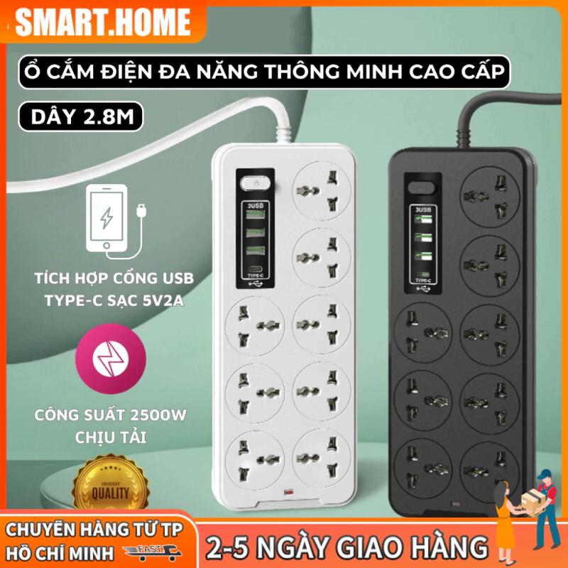 Ổ Cắm Điện Đa Năng Cao Cấp A8 Sạc Nhanh Cổng USB TypeC Chịu Tải 2500w An Toàn Chịu Nhiệt Dây 2,8M