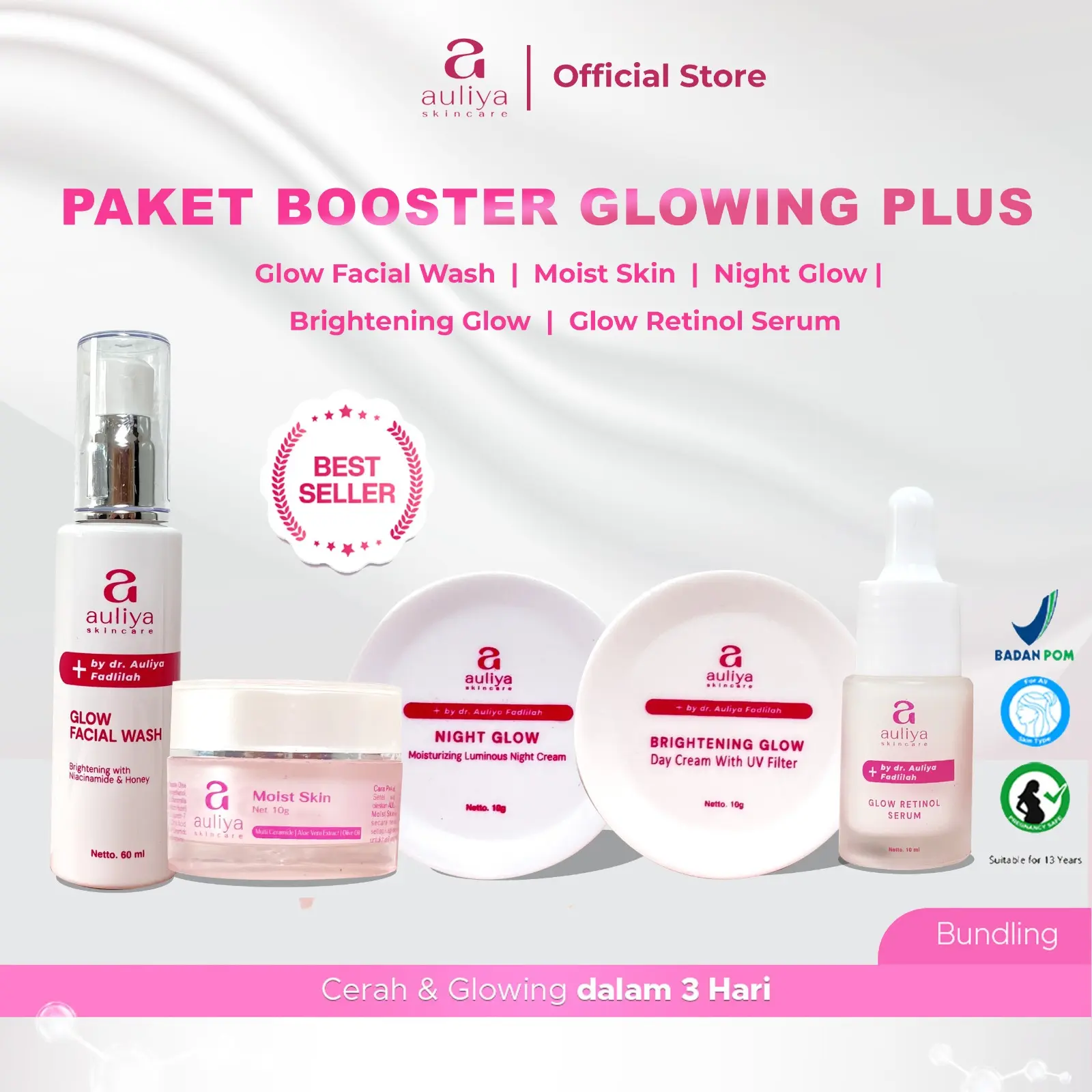 Auliya Skincare Paket Booster Glowing Plus - Facial Wash Moist Skin Night Cream Day Cream Retinol Serum Brightening Kombinasi untuk Meningkatkan Kelembapan Mencerahkan Mengurangi Kerutan  Garis Halus dan Menenangkan Kulit Memberikan Nutrisi Wajah Pencerah