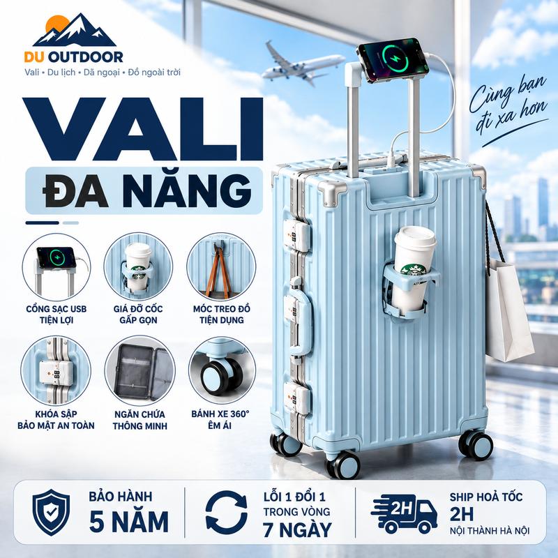 [Size 20/24/28] Vali Khung Nhôm Đa Năng Cao Cấp Có Khay Đựng Cốc USB  Vali Bo 4 Góc Kim Loại Vali Có Khay Đựng Cốc