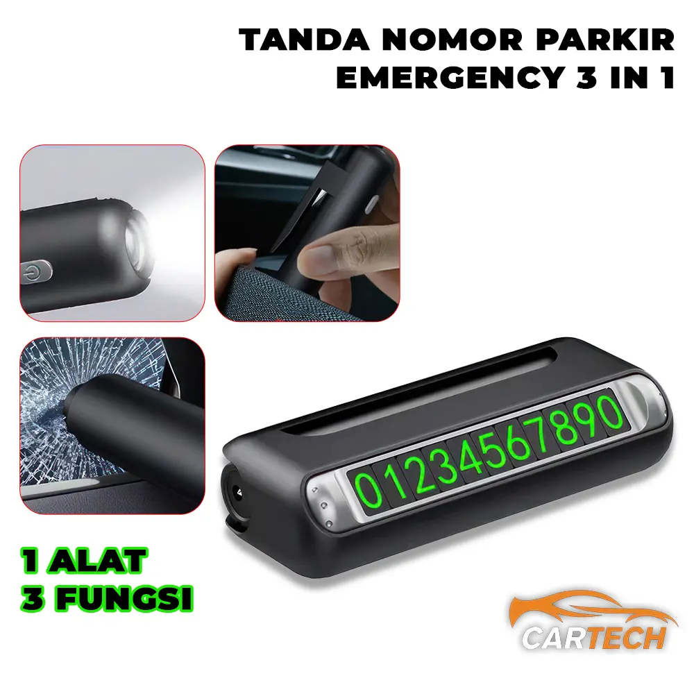 Plat Nomor Parkir Dashboard Mobil 3 in 1 Alat Safety Darurat Pemecah Kaca & Senter Mini Keren