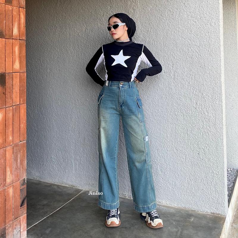 HANDS UP - JINISO Cargo Baggy Celana Jeans Wanita Highwaist 8