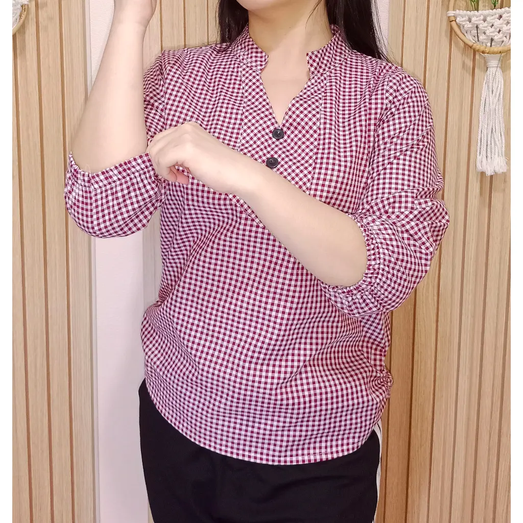 JJJ LYN - Blouse Naysoo Atasan Wanita Motif Kotak Atasan Kerja Atasan Kasual