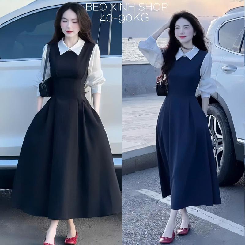  Váy Dự Tiệc Cổ Sơ Mi Phối Tay Phồng Tiểu Thư Vải Cotton Lạnh Cao Cấp Thanh Lịch Bigsize Từ 40 - 90Kg Thời Trang Nữ Béo Xinh Shop - A.1633 