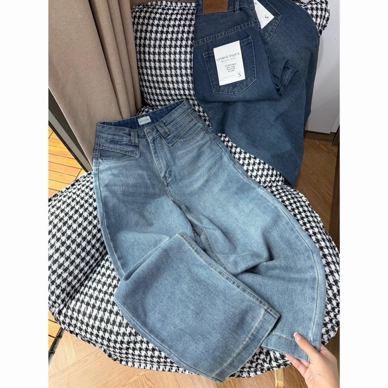   Q110  Quần jean nữ lưng cao dáng suông phối đai đôi 95cm lai gập 