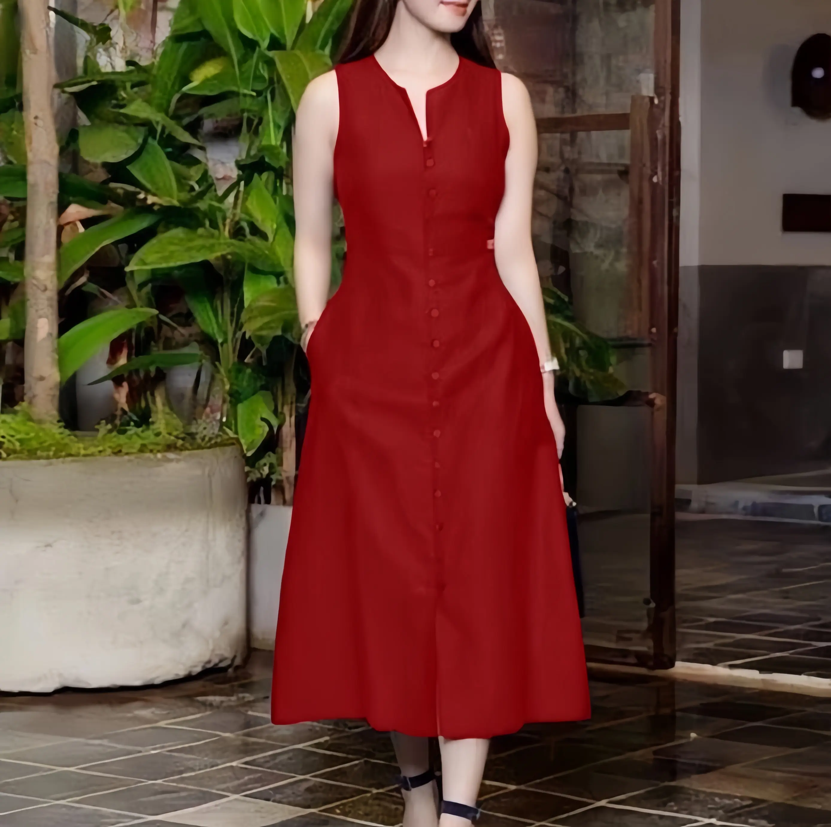 V-Neck Sleeveless Solid Color Dress Casual A-Line Button-Down Dress For  Women Runs Small L2965 - TikTok Shop Philippines