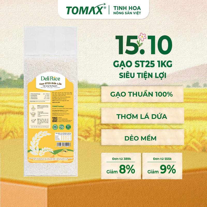 Gạo ST25 Deli Rice (túi 1kg hút chân không) dẻo vừa, ráo cơm, ngọt thơm - TOMAX hột
