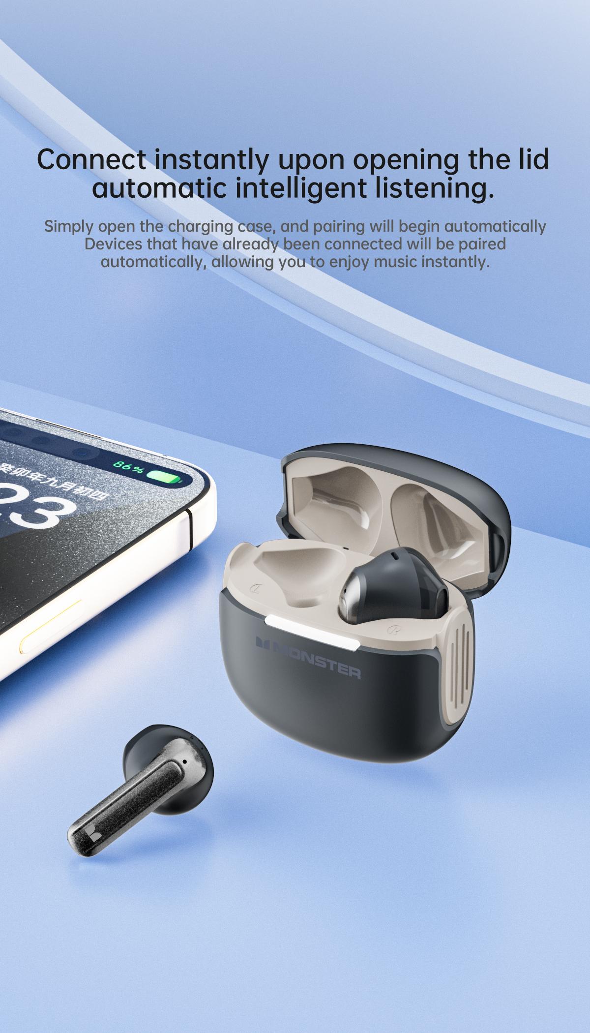 Monster GT15 Wireless Earphone Bluetooth 5.4 HD Panggilan Pengurangan Kebisingan Latensi Rendah Sport Earbuds dengan Mic 300mAh Baterai 24H Waktu Main