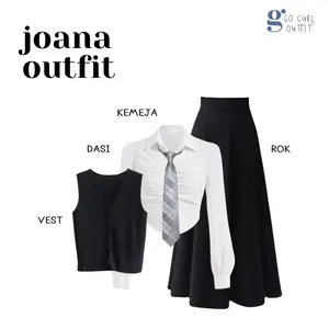 One Set Outfit Yearbook Wanita (Kemeja Basic, Dasi, Vest Hitam, Rok) Setelan OOTD American Style - GGO26