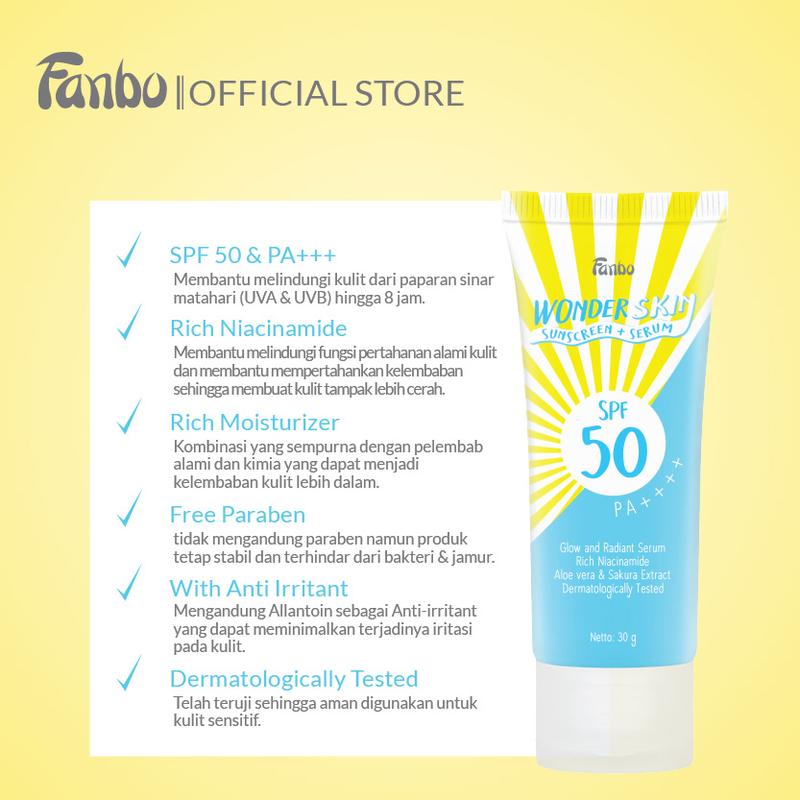 Fanbo Wonder Skin Sunscreen & Serum - SPF 50 PA ++++ 30gr - Sunscreen Wajah  no Paraben - Tekstur Ringan - Tidak Lengket - Melembabkan - Semua Jenis Kulit - Mencegah Penuaan Dini -kulit Glowing dan terbebas dari Sinar UV dengan ketahanan 8 jam 1