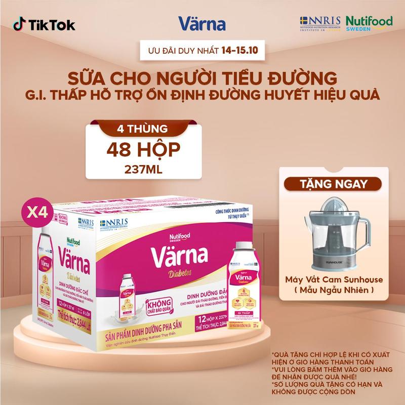 [TRANGKIUDAILY] - Combo 4 thùng 12 Sữa Bột Pha Sẵn Varna Diabetes - Hỗ Trợ Ổn Định Đường Huyết (48 hộp x 237ml)