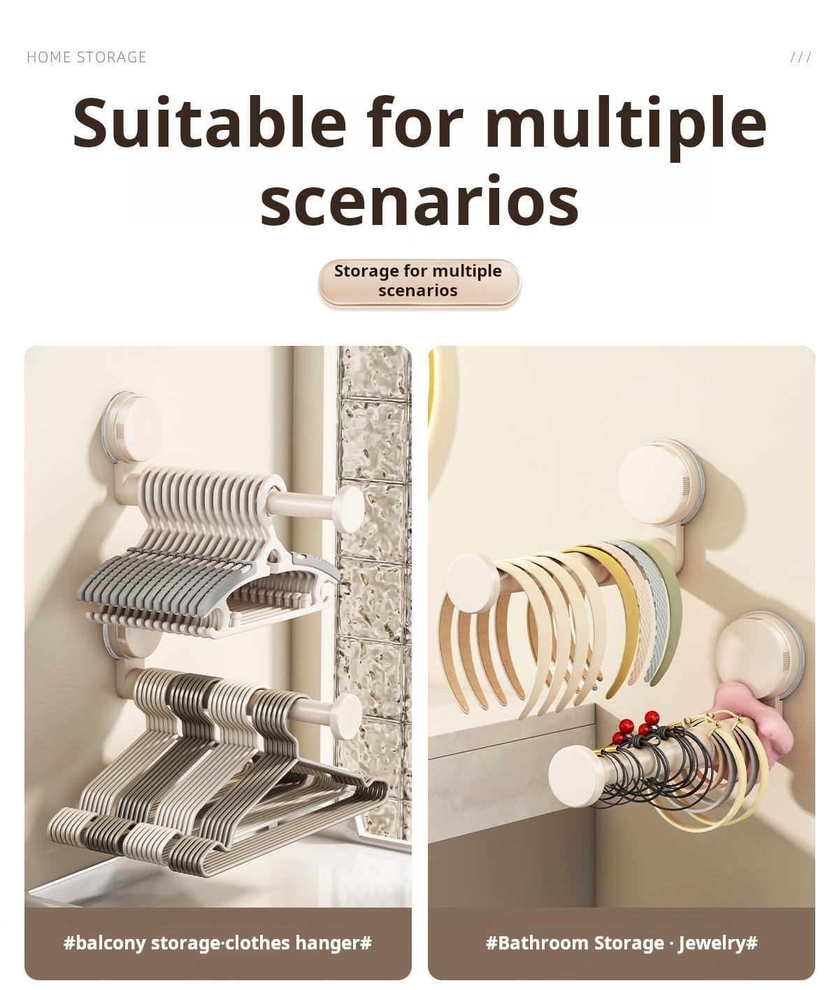 Suction Cup Balcony Clothes Rack Storage Organizer, No Drilling Required, Home Multi-Functional Hook, Extendable Wall-Mounted Hanging Rack