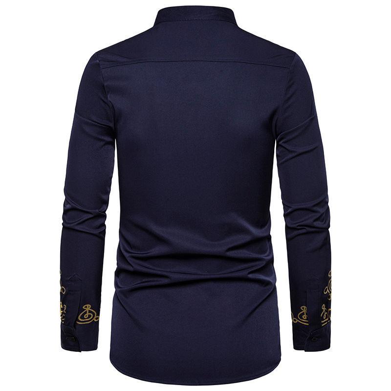 Product Introduction of Discount Fashion Men's Casual Fashion Bronzing Pullover Shirt Totem Long Shirt Muslim Straight Shirt 4