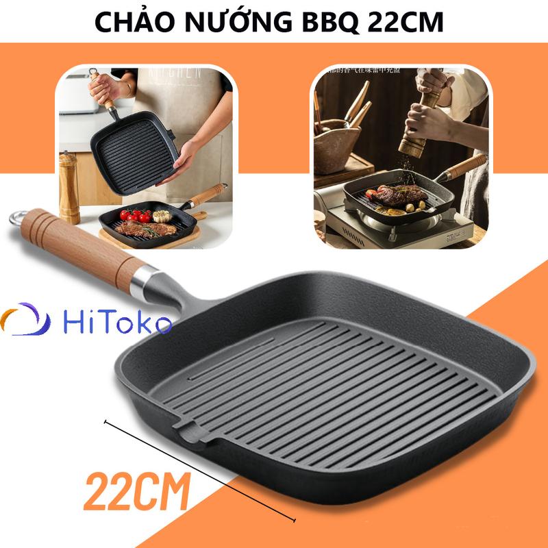  Chảo Gang Nướng Thịt Chống Dính Cao Cấp Size 22cm Chảo Gang Nướng Đúc Nguyên Khối Cán Gỗ Dễ Rửa - Không Dính - Tiết Kiệm Dầu Chảo nướng BBQ Beefsteak 