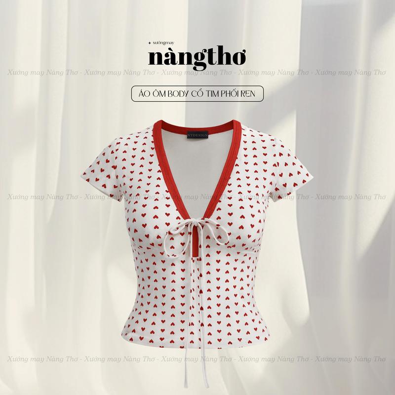 382 Áo Y2K Ôm Body Chấm Bi Tim Phối Ren Chất Thun Cotton Mịn