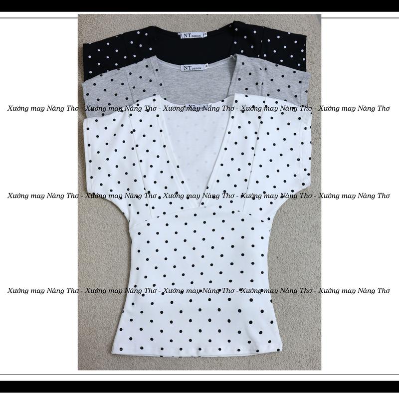  738 Áo Chấm Bi Chiết Eo Ôm Body Trendy Cổ Tim Chất Thun Cotton Mịn 