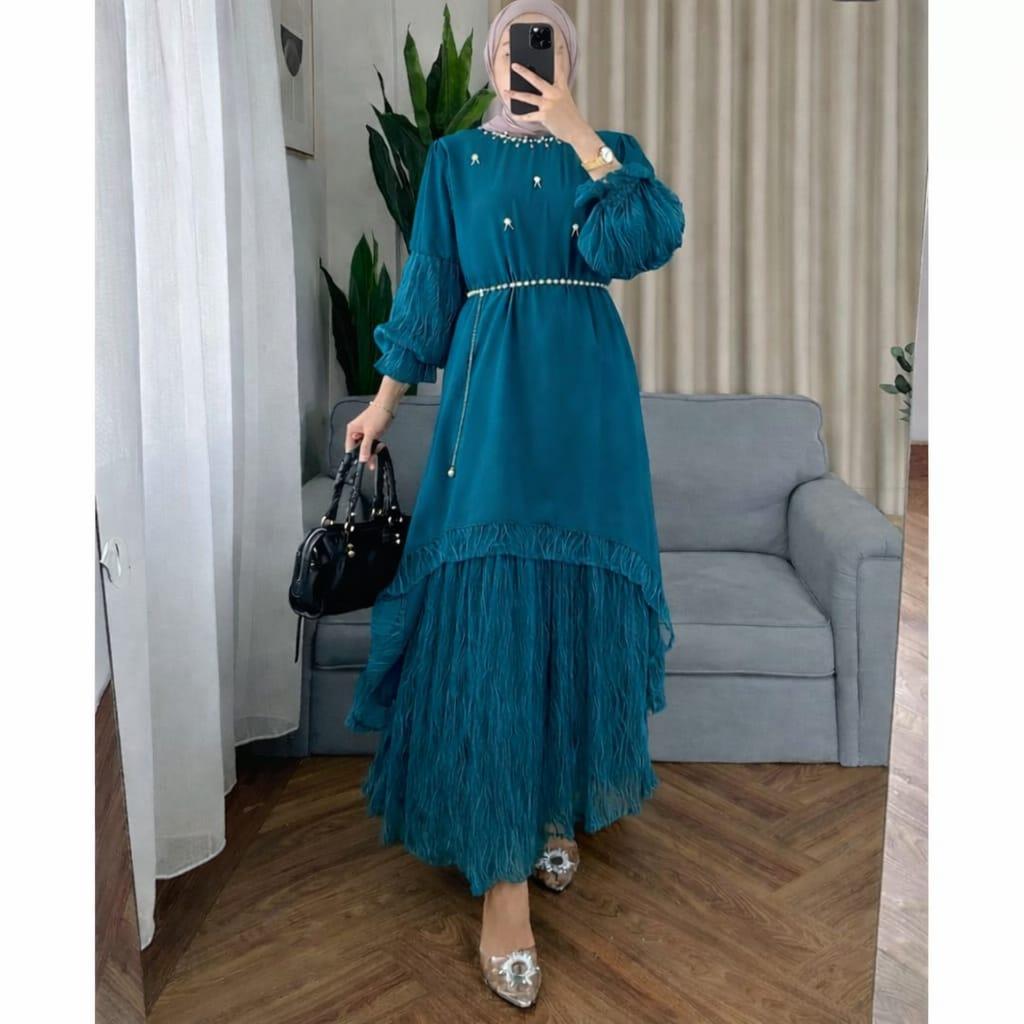 HaeraFashion-Gamis Lebaran Malaysia Andini Dress Ceruty Aplikasi Brukat Free Belt Gamis Kondangan