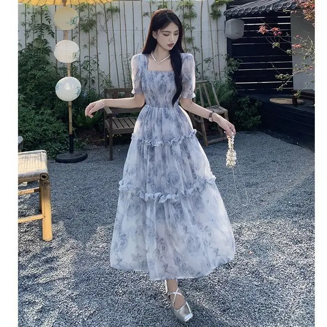Style Floral Dress 1211 Floral Dress Biru Muda Princess Elegant Korean Style Pas Body Pantai Formal
