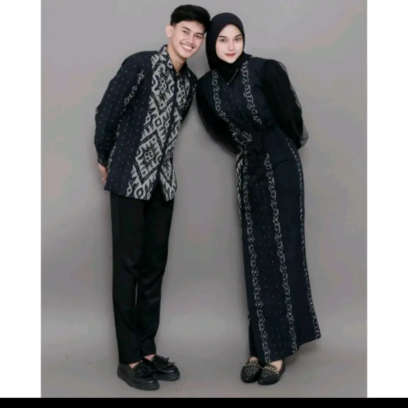 Isaba Dress Padma Couple Tenun Kondangan Lamaran Gamis Muslimah Kombinasi Katun Tile Batik Kemeja Pria Lengan Panjang Baju Pesta Pasangan Keluarga Sarimbit Hitam Seragam Kain 3