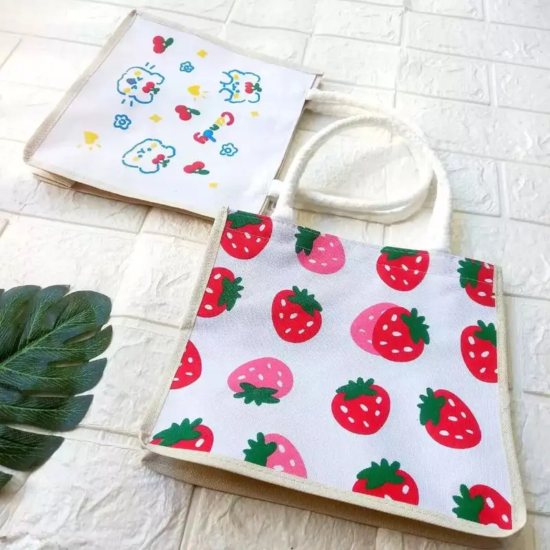 Tote Bag Mini Tali Sumbu Putih Wanita Tas Mini Motif Sablon Totebag Serut Karakter 5