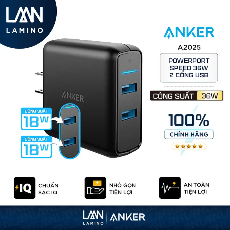 [ Hùng RV x Lamino] Sạc ANKER PowerPort Speed 18w, 2 cổng USB Quick Charge 3.0 - A2025 1