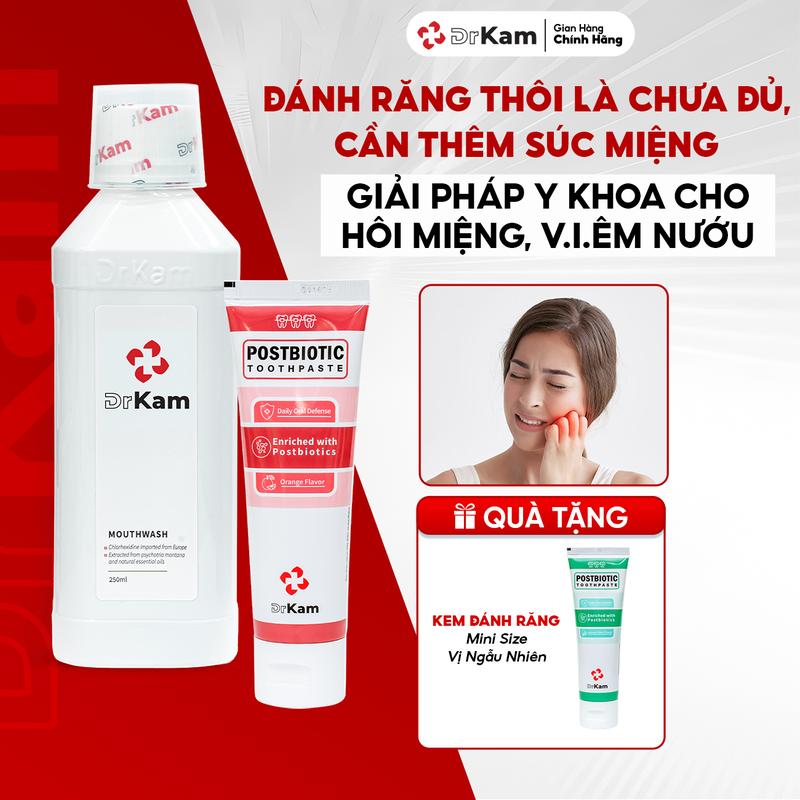Combo 2 bước DrKam Nước súc miệng chuẩn y khoa và Kem đánh răng sinh học Postbiotic 110g Khử Hôi Miệng Trắng Răng