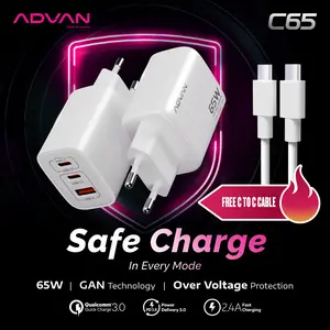 (Free Kabel Type-C) ADVAN C65 Safe Charge GaN Technology 65W PD3.0 QC3.0 Super Fast Charging Laptop HP Tablet Support All Type Smartphone 2 Port Type-C + 1 Port USB-A Ultra Compact Adapter Garansi Resmi