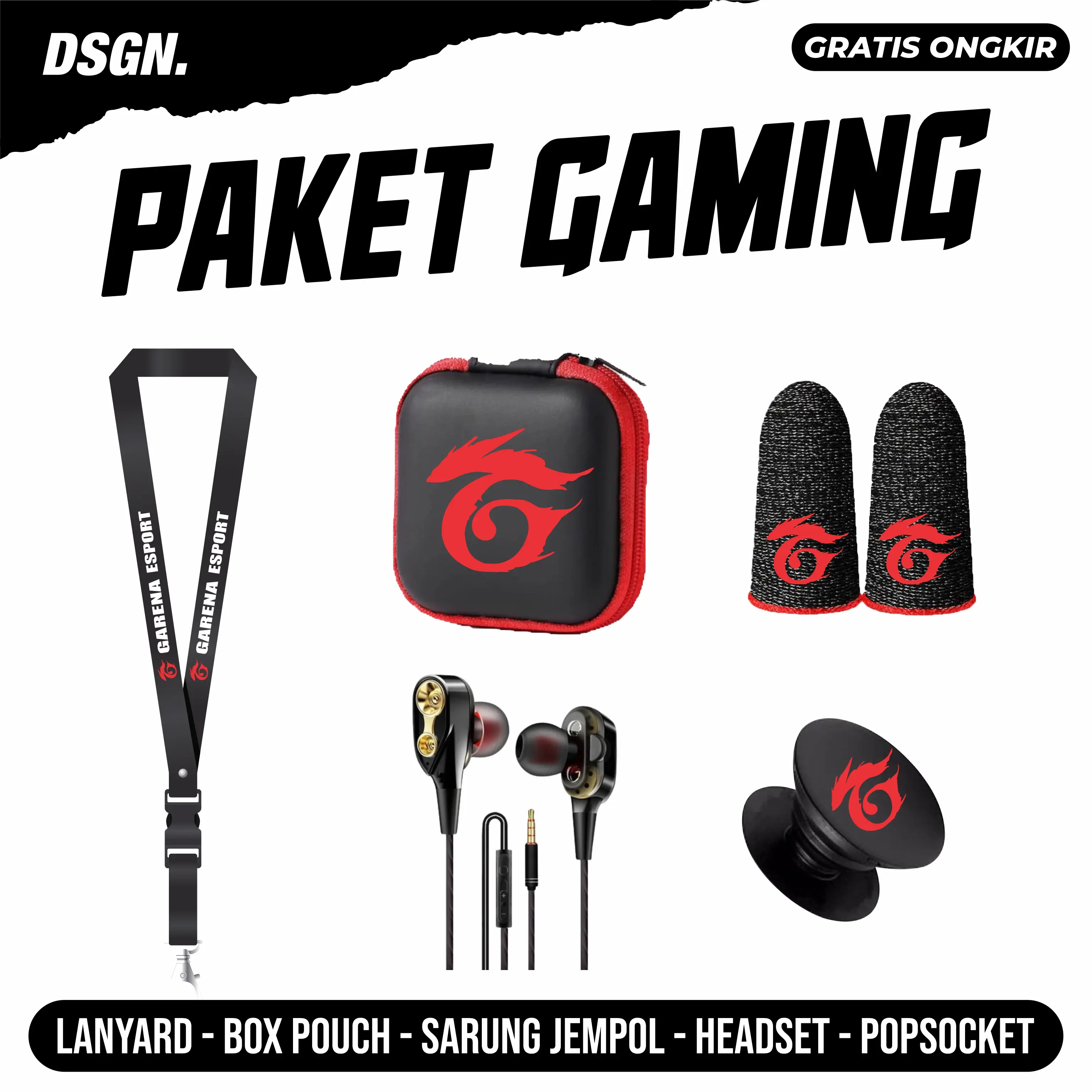 PAKET GAMING SARUNG JEMPOL FF ANTI BASAH LANYARD BOX POUCH HEADSET POPSOCKET PREMIUM UNTUK MAIN FREE FIRE MLBB PUBG Game Accessories Aksesoris Controller