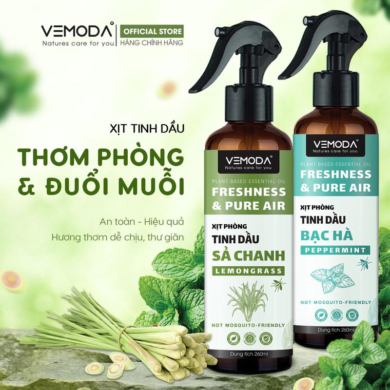 Bình xịt phòng tinh dầu hỗ trợ đuổi muỗi, côn trùng sả chanh, bạc hà, vỏ quế, bạch đành chanh VEMODA, thơm phòng nhanh chóng, khử mùi hiệu quả