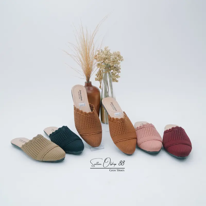 Slip On Mules Sandal Sepatu Rajut Wanita Hak Datar Karet Kasual 6