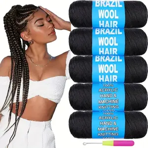 5 Roll Black Brazilian Wool Hair Acrylic Yarn For African Synthetic Crochet Hair Jumbo Braids Braids Twist Wraps70G/Roll