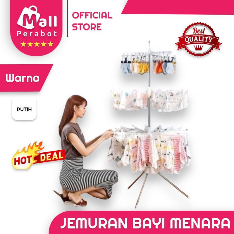 Mall Perabot | Jemuran Menara | Jemuran Bayi Hanger Baju Lipat Model Tiang 3 Susun | Gantungan Tower Cucian Bayi Jepitan Pakaian Plastik Rak Stainless 2