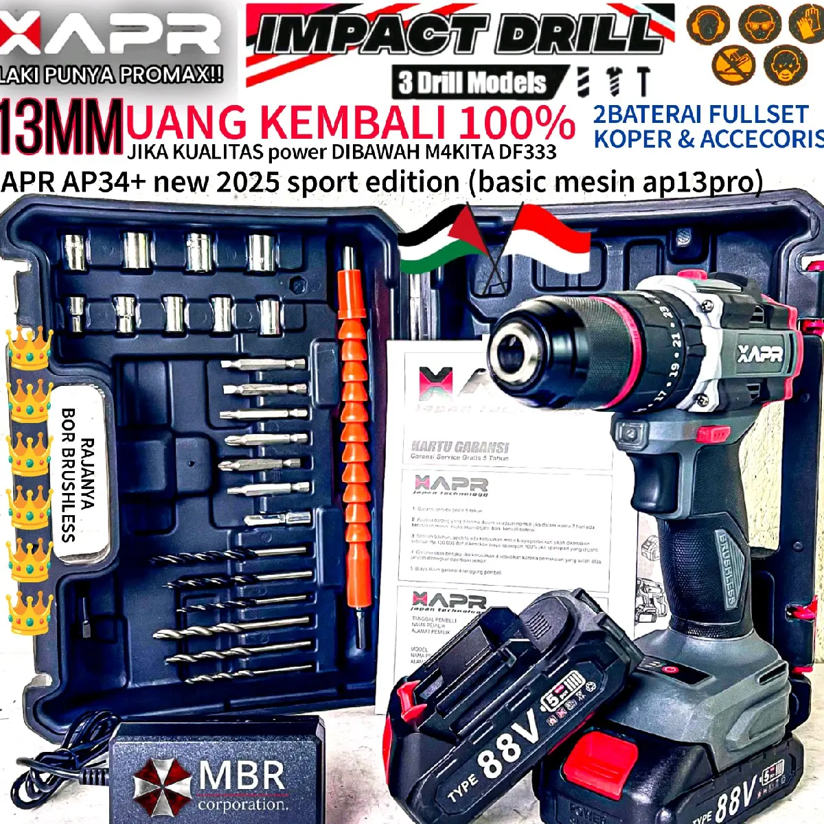 APR RAJA BOR impact drill BRUSHLESS TYPE AP34+ 13mm keyless auto lock 2baterai lxt 88v mesin bor besi kayu driver sekrup drill