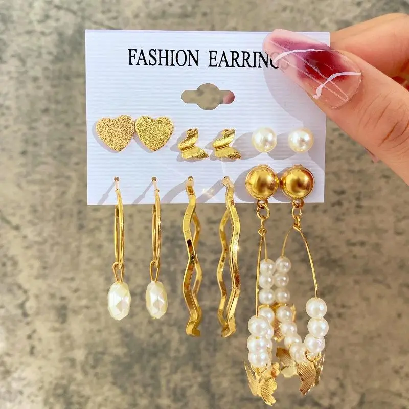 Gold Color Pearl Hoop Earrings Set for Women Girls Vintage Heart Zircon Circle Bead Earring Trendy Jewerly Accessories