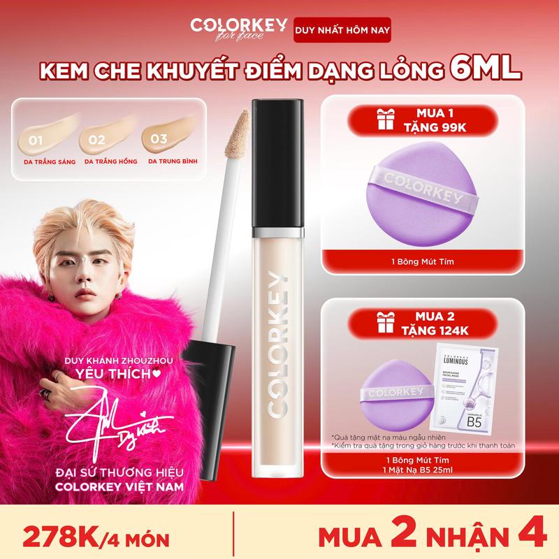   OFFICIAL  Kem Che Khuyết Điểm COLORKEY Dạng Lỏng Mỏng Nhẹ Che Phủ Cao 6ml 