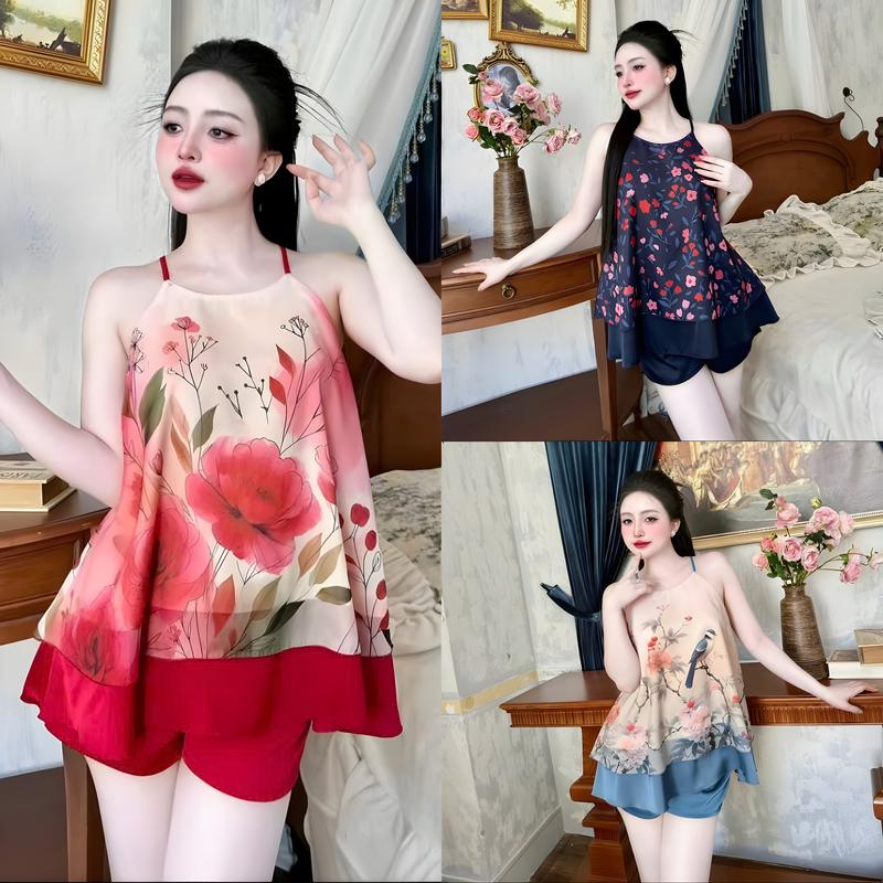 Bộ pyjama X4 mặc ở nhà, mặc ngủ, bộ yếm ngủ lụa latin