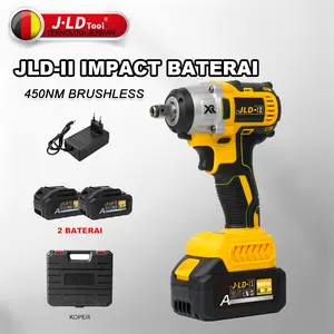 JLD Brushless & Cordless Mesin Bor Impact Set Murah Impact Wrench 128VF 2baterai JLD-II 450NM impact listrik pelengkap lengkap