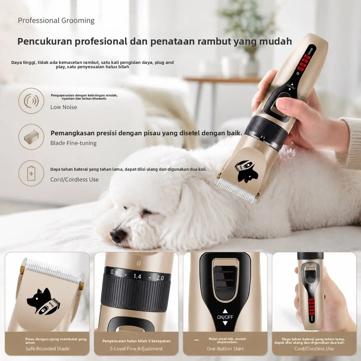 Alat potong bulu hewan peliharaan profesional, pemangkas bulu elektrik untuk anjing, alat potong bulu berkekuatan tinggi yang senyap untuk penggunaan di rumah dengan pisau yang dapat disesuaikan secara halus.