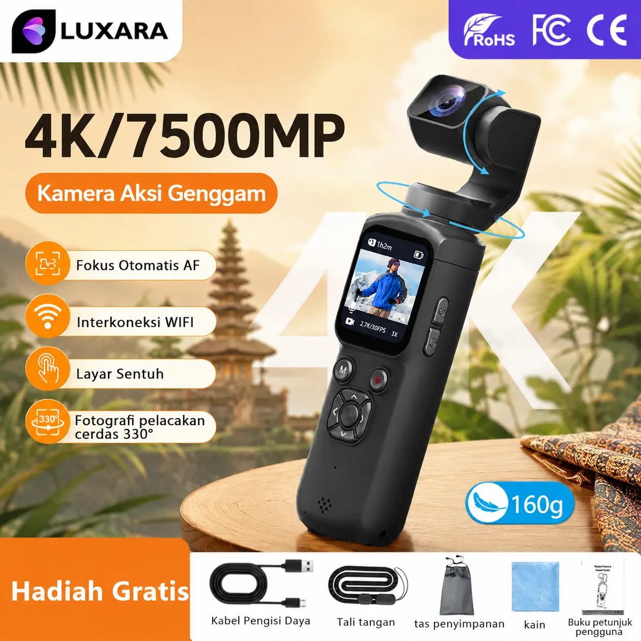 LUXARA Kamera Gimbal 4K 75MP Action Camera Stabilizer Autofocus AF 330 Derajat Tracking Touchscreen WiFi App Control Kamera Vlog YouTube TikTok Video Recorder Anti Goyang Kamera Mini Portable HD Hitam