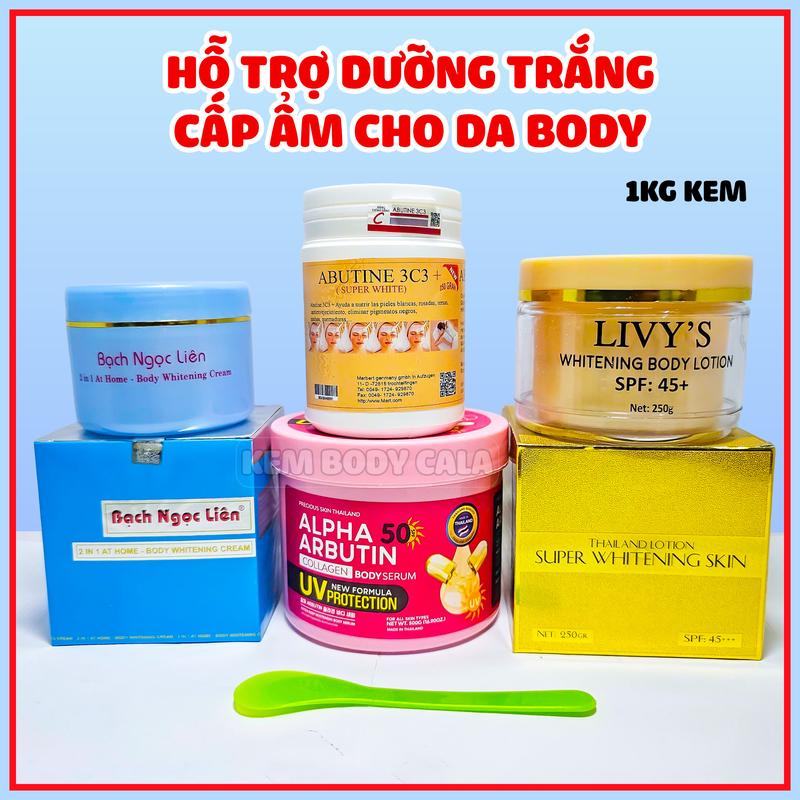 Set kem tự trộn Bạch Ngọc Liên Livy kết hợp body serum Alpha3 Arbutin trắng nhanh cho da đen chai lì bộ 1kg kem