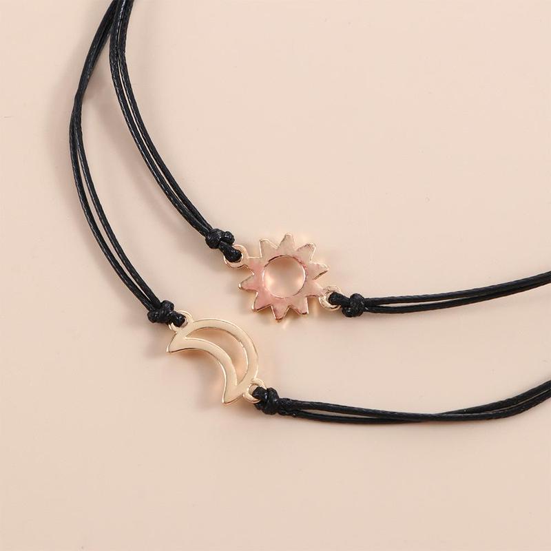 Bộ Vòng Tay Cặp Đôi Cho Nữ, 2 Món, Dây Chỉ Bện Thủ Công Màu Đen, Vòng Tay Thẻ Quyến Rũ Mặt Trời Và Mặt Trăng Bohemian, Đồ Trang Sức 6